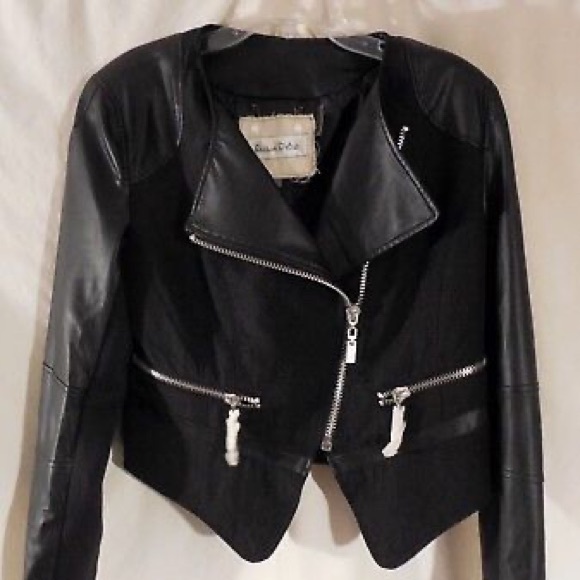 Raison D'etre | Blue Cropped Moto Jacket Black Faux Leather Zip Cuffs Small - Picture 3 of 8